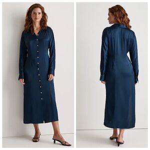 Madewell Satin Button Front Midi Shirt Dress Womens Sz 10 Navy Blue Long Sleeve